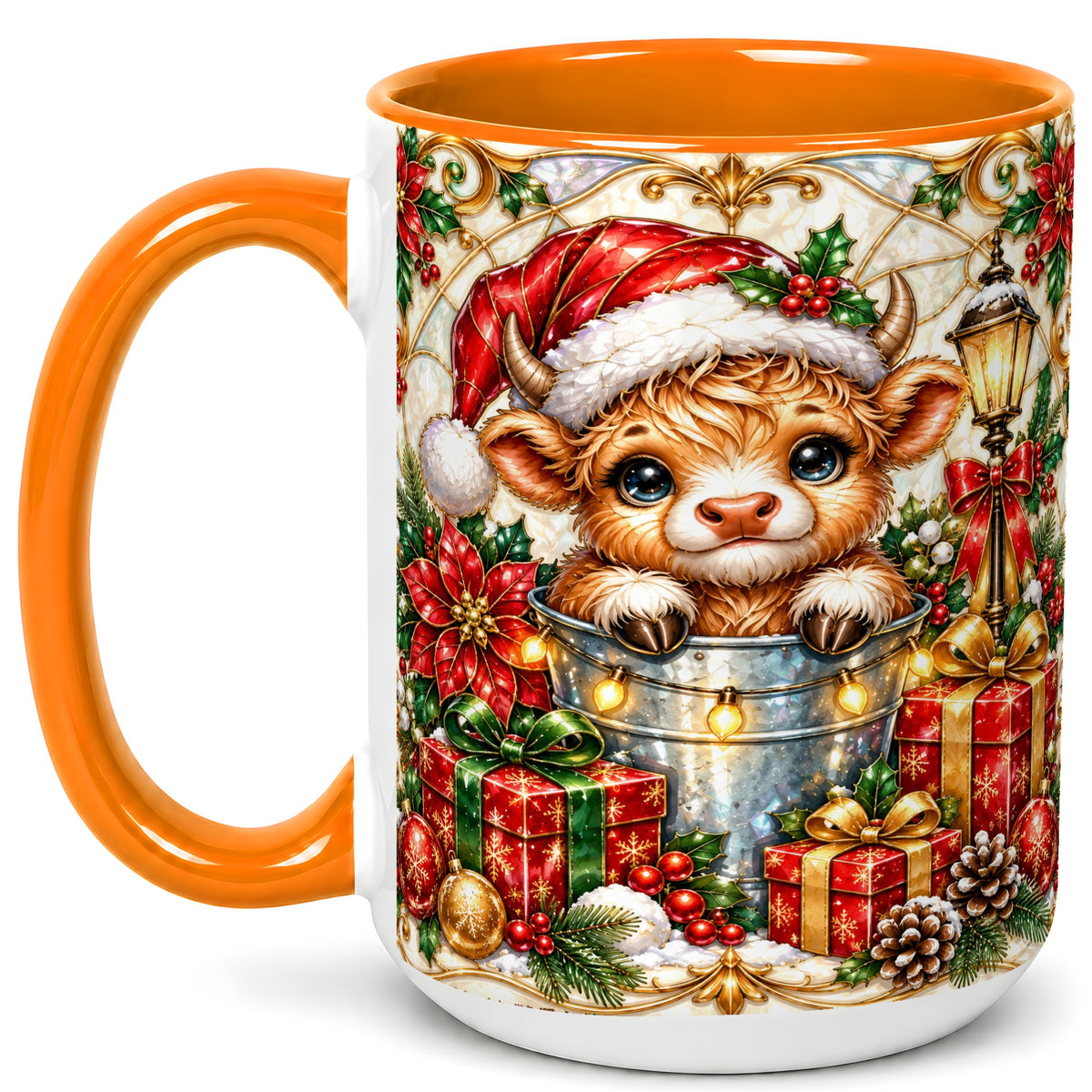 #pl[15oz|Orange] Christmas Highland Cow Coffee Mug, Ornate Cow Mug, Ceramic Cup