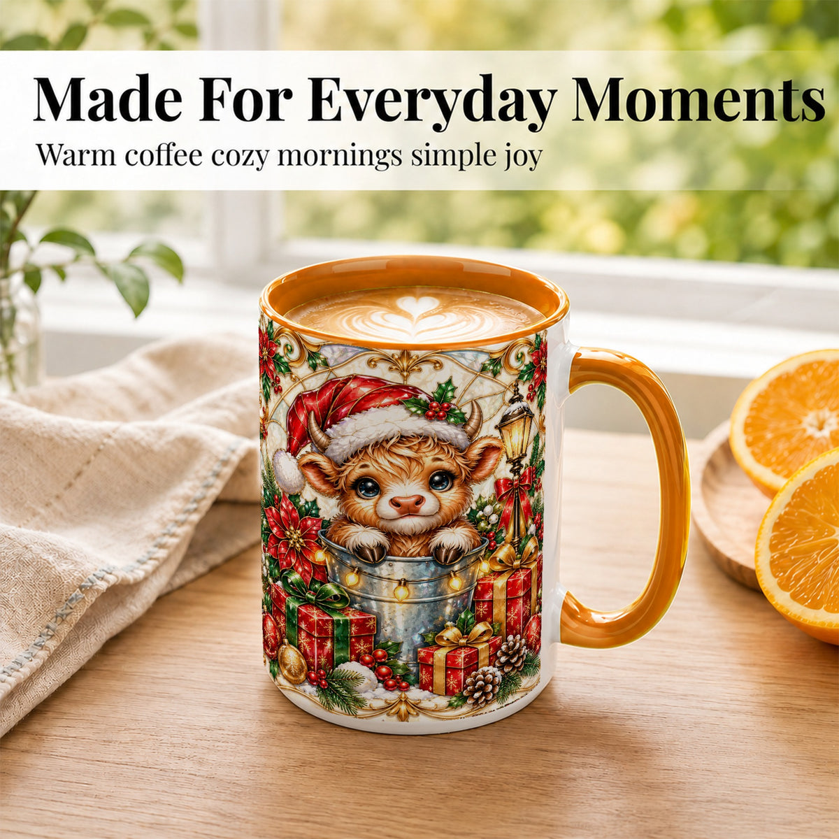 #pl[15oz|Orange] Christmas Highland Cow Coffee Mug, Ornate Cow Mug, Ceramic Cup