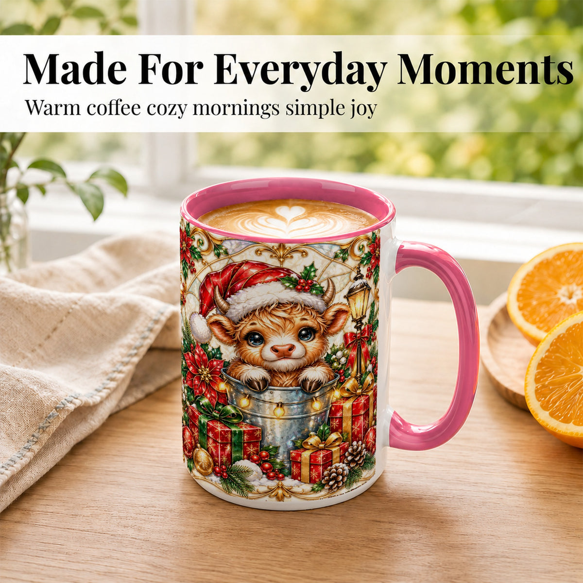 #pl[15oz|Pink] Christmas Highland Cow Coffee Mug, Ornate Cow Mug, Ceramic Cup