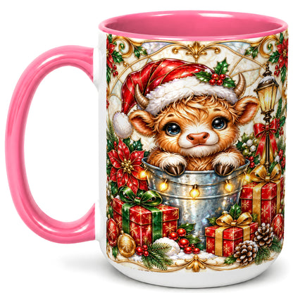 #pl[15oz|Pink] Christmas Highland Cow Coffee Mug, Ornate Cow Mug, Ceramic Cup
