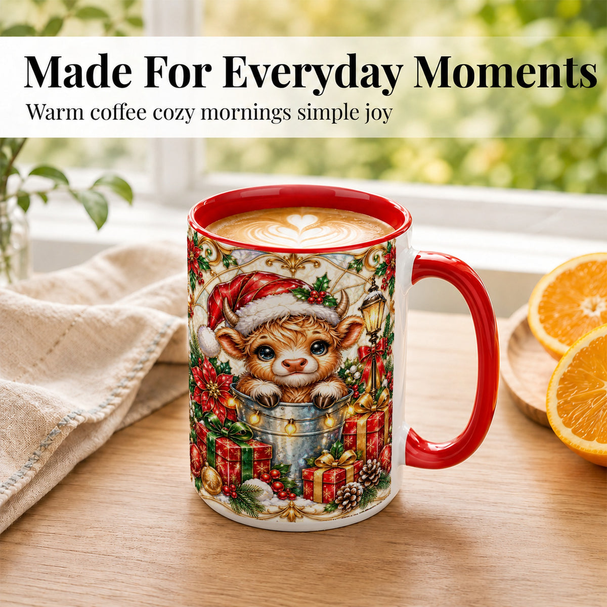 #pl[15oz|Red] Christmas Highland Cow Coffee Mug, Ornate Cow Mug, Ceramic Cup