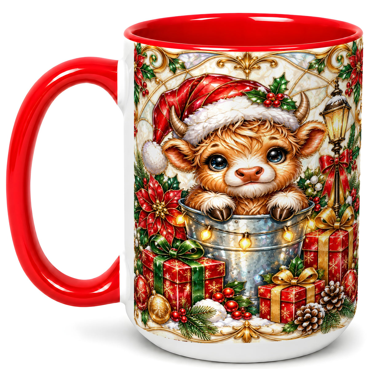 #pl[15oz|Red] Christmas Highland Cow Coffee Mug, Ornate Cow Mug, Ceramic Cup