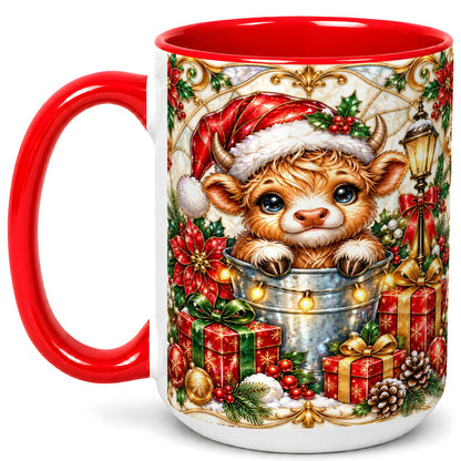 #pl[15oz|Red] Christmas Highland Cow Coffee Mug, Ornate Cow Mug, Ceramic Cup
