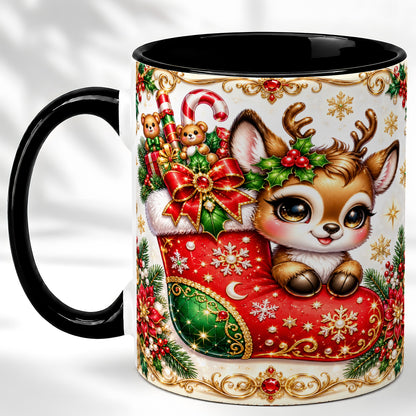 #pl[11oz|Black] Christmas Reindeer Coffee Mug, Festive Deer Mug, Ceramic Cup