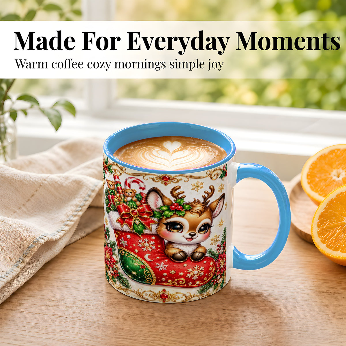 #pl[11oz|Blue] Christmas Reindeer Coffee Mug, Festive Deer Mug, Ceramic Cup