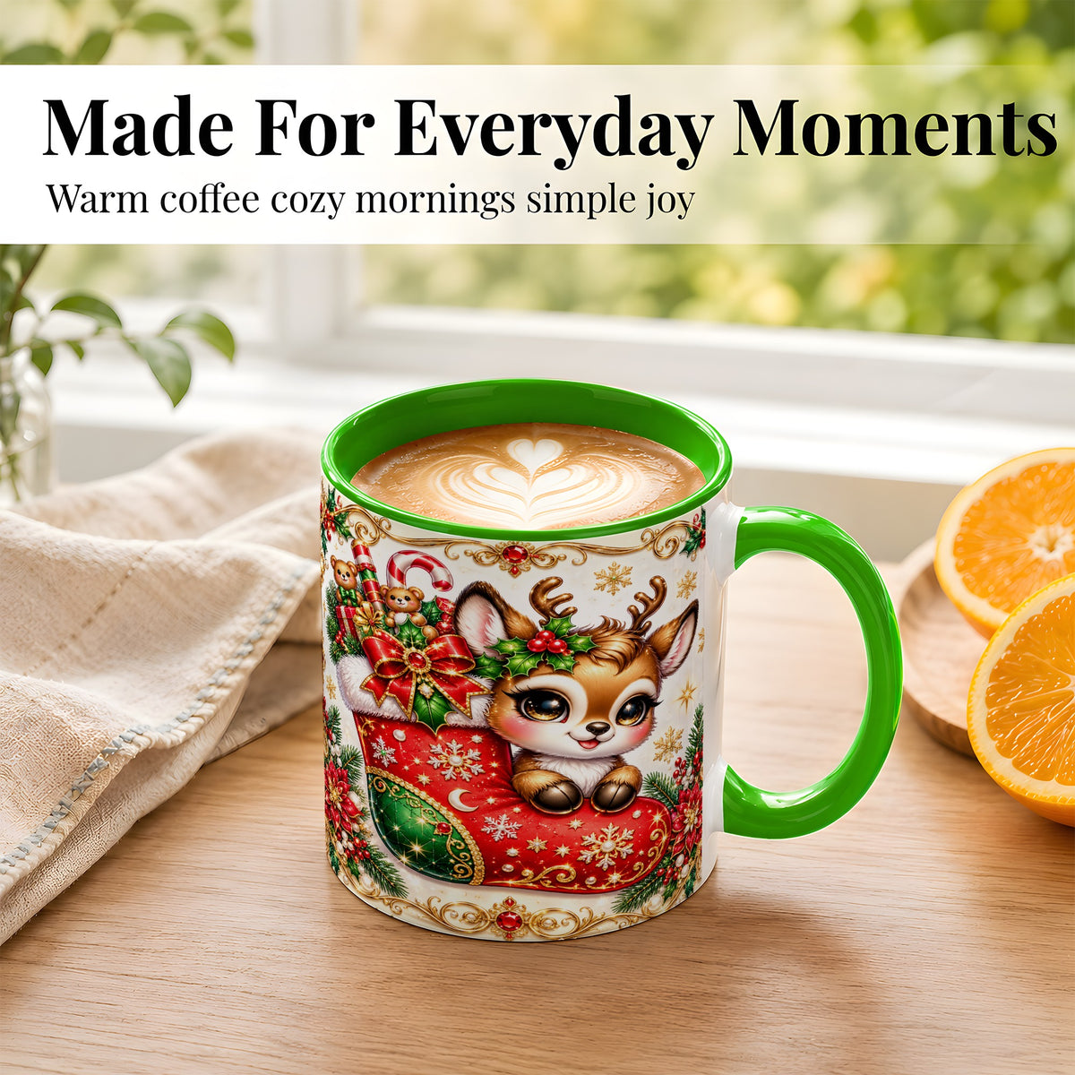 #pl[11oz|Green] Christmas Reindeer Coffee Mug, Festive Deer Mug, Ceramic Cup
