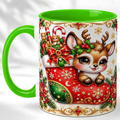 #pl[11oz|Green] Christmas Reindeer Coffee Mug, Festive Deer Mug, Ceramic Cup