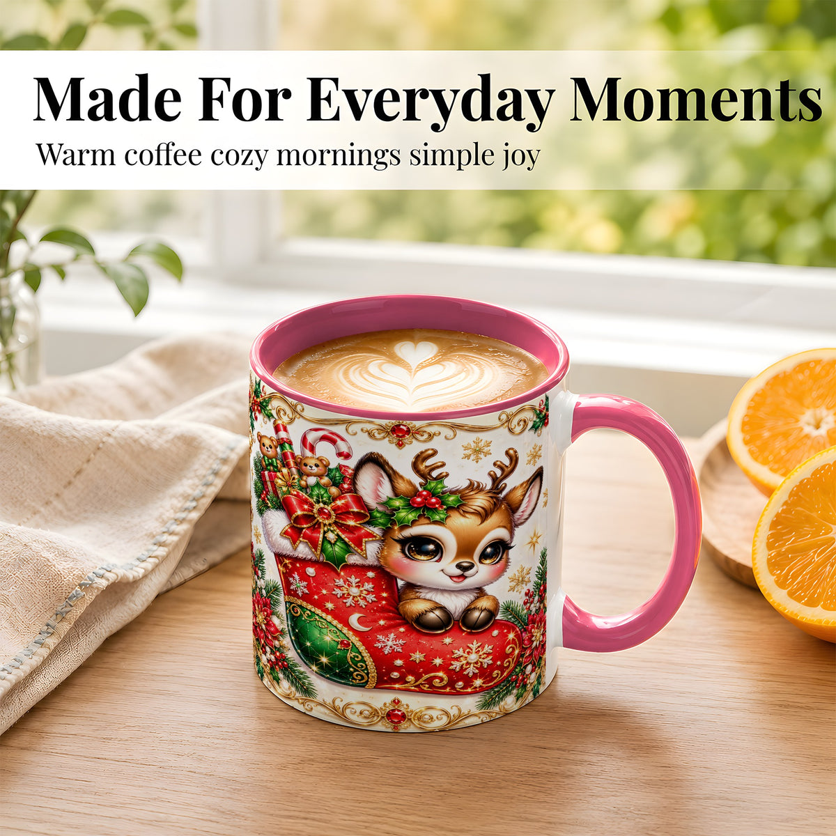 #pl[11oz|Pink] Christmas Reindeer Coffee Mug, Festive Deer Mug, Ceramic Cup