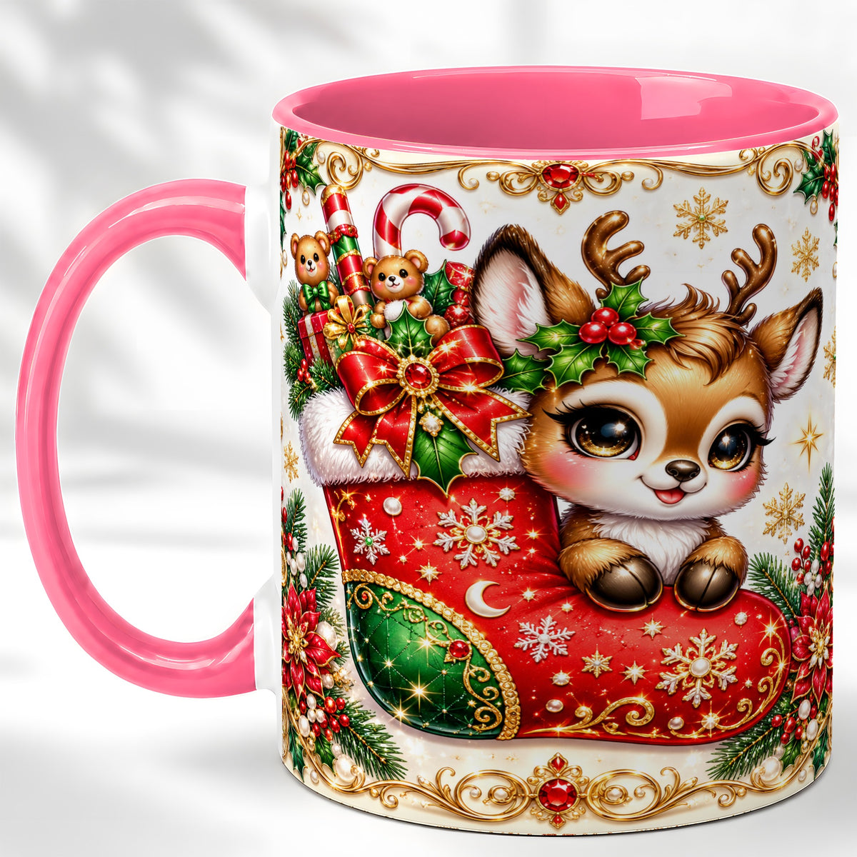 #pl[11oz|Pink] Christmas Reindeer Coffee Mug, Festive Deer Mug, Ceramic Cup