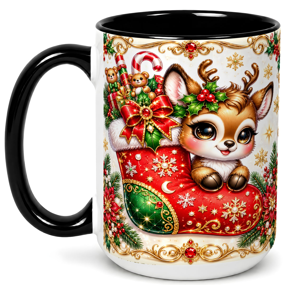 #pl[15oz|Black] Christmas Reindeer Coffee Mug, Festive Deer Mug, Ceramic Cup