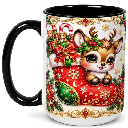 #pl[15oz|Black] Christmas Reindeer Coffee Mug, Festive Deer Mug, Ceramic Cup
