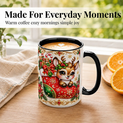 #pl[15oz|Black] Christmas Reindeer Coffee Mug, Festive Deer Mug, Ceramic Cup