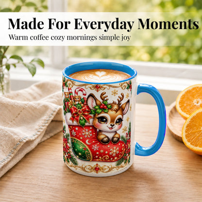 #pl[15oz|Blue] Christmas Reindeer Coffee Mug, Festive Deer Mug, Ceramic Cup