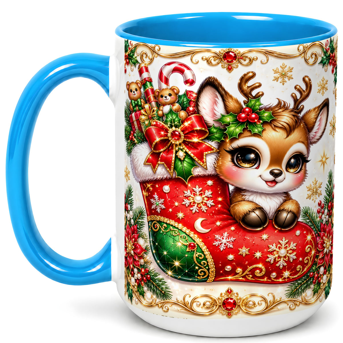 #pl[15oz|Blue] Christmas Reindeer Coffee Mug, Festive Deer Mug, Ceramic Cup