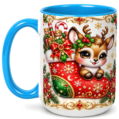 #pl[15oz|Blue] Christmas Reindeer Coffee Mug, Festive Deer Mug, Ceramic Cup