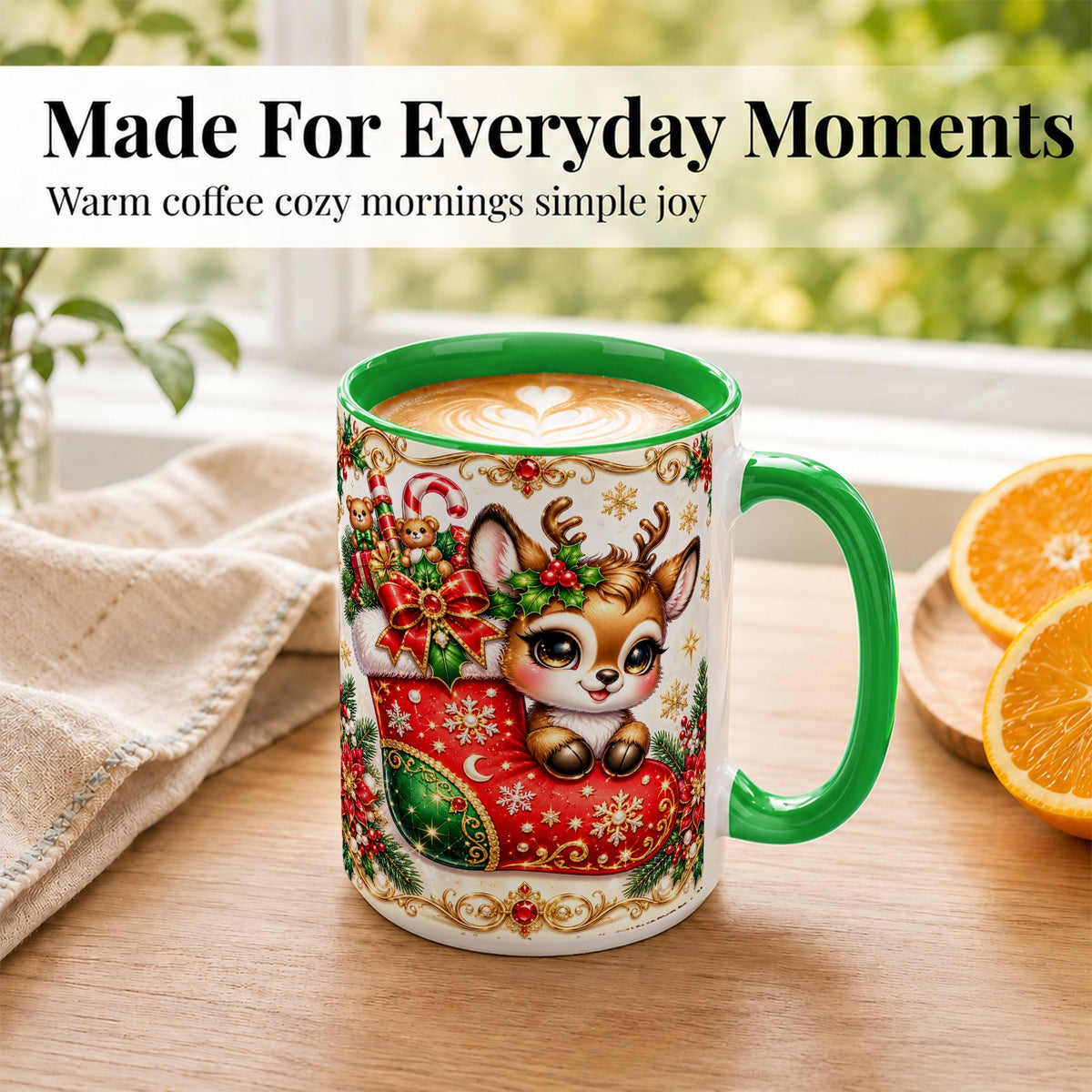 #pl[15oz|Green] Christmas Reindeer Coffee Mug, Festive Deer Mug, Ceramic Cup