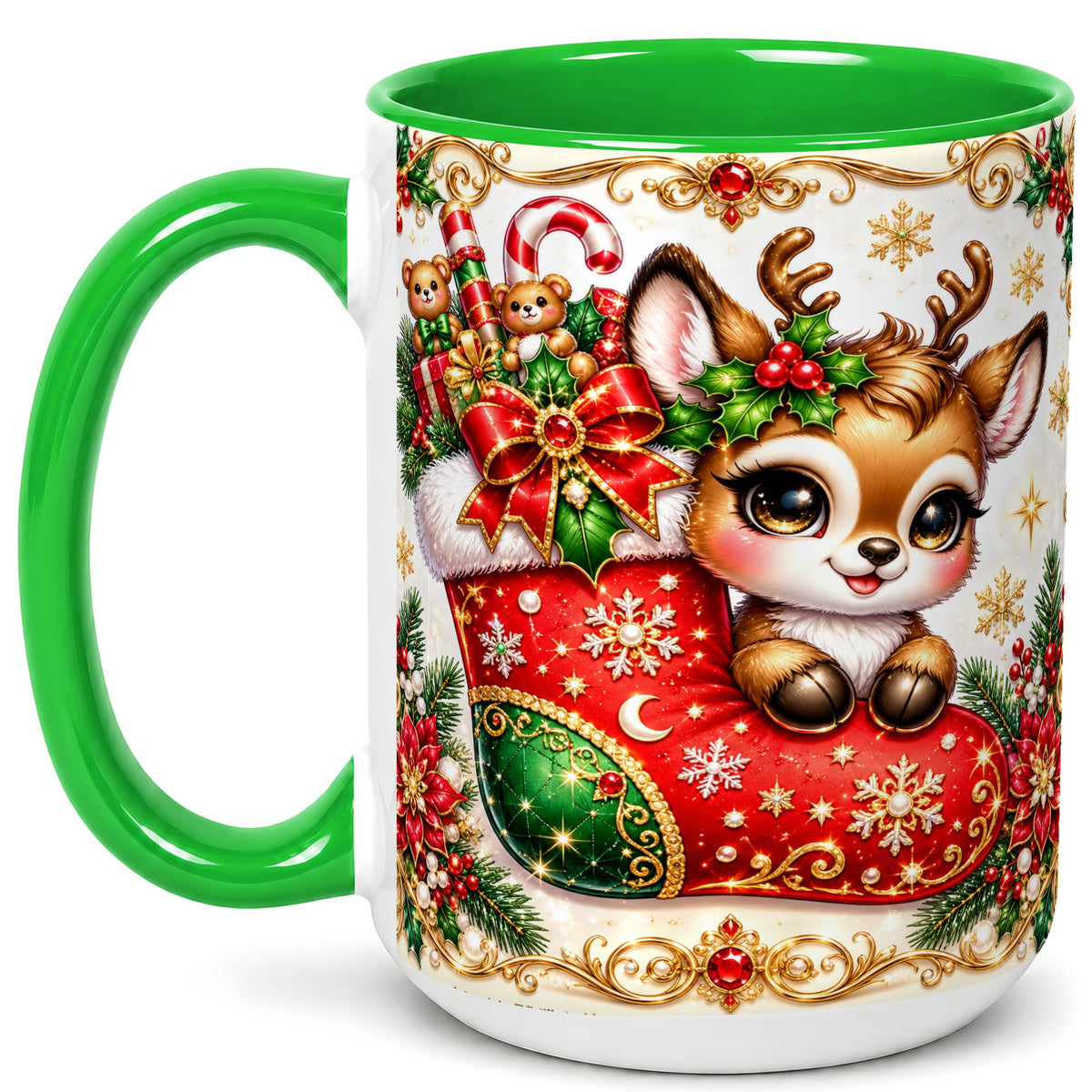 #pl[15oz|Green] Christmas Reindeer Coffee Mug, Festive Deer Mug, Ceramic Cup