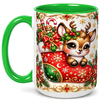 #pl[15oz|Green] Christmas Reindeer Coffee Mug, Festive Deer Mug, Ceramic Cup