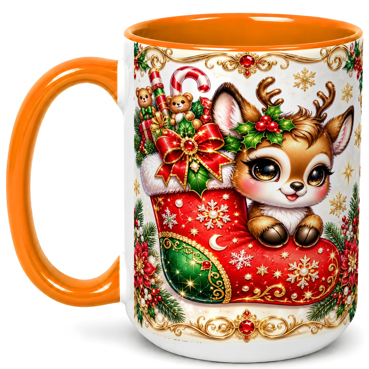 #pl[15oz|Orange] Christmas Reindeer Coffee Mug, Festive Deer Mug, Ceramic Cup