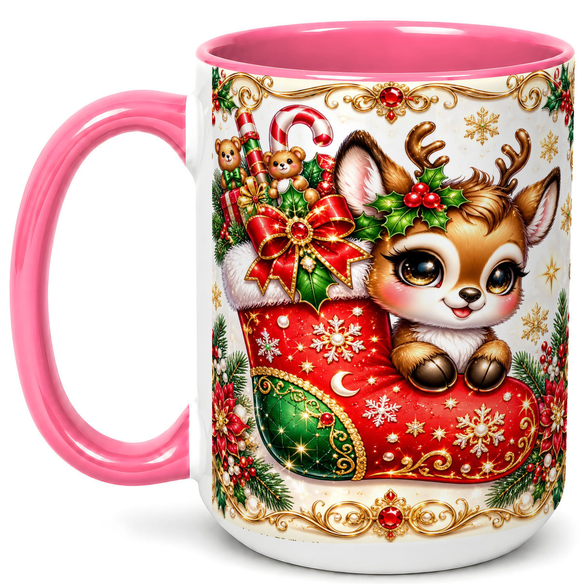 #pl[15oz|Pink] Christmas Reindeer Coffee Mug, Festive Deer Mug, Ceramic Cup