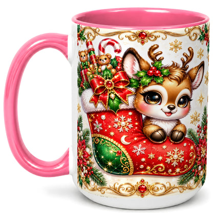 #pl[15oz|Pink] Christmas Reindeer Coffee Mug, Festive Deer Mug, Ceramic Cup