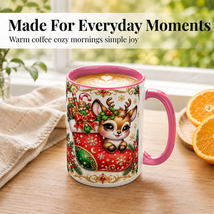 #pl[15oz|Pink] Christmas Reindeer Coffee Mug, Festive Deer Mug, Ceramic Cup