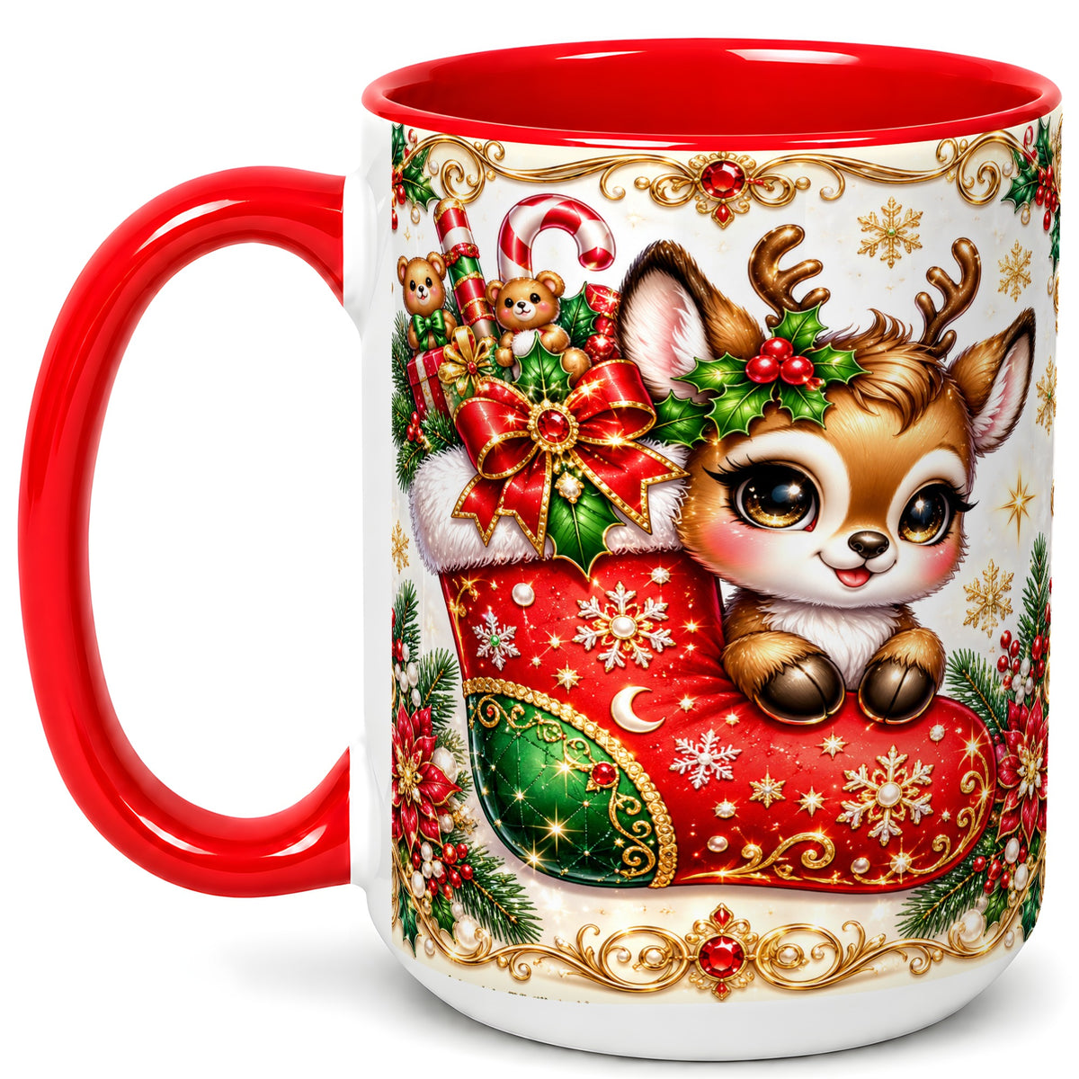 #pl[15oz|Red] Christmas Reindeer Coffee Mug, Festive Deer Mug, Ceramic Cup