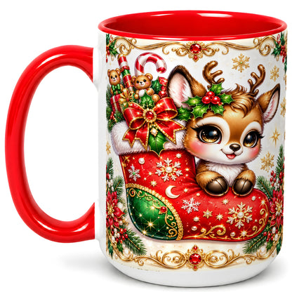 #pl[15oz|Red] Christmas Reindeer Coffee Mug, Festive Deer Mug, Ceramic Cup
