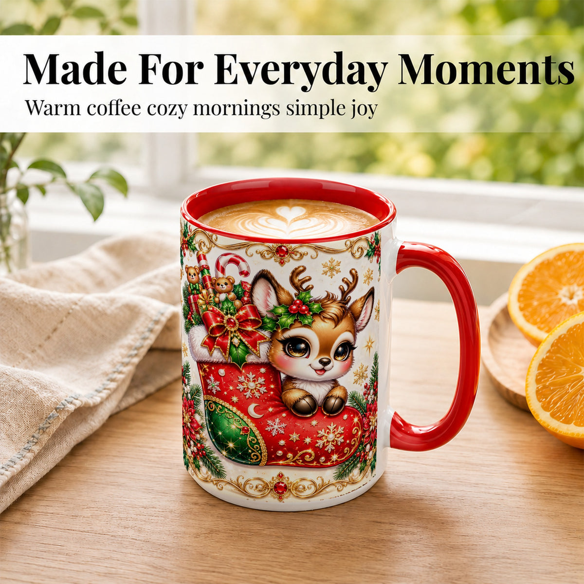 #pl[15oz|Red] Christmas Reindeer Coffee Mug, Festive Deer Mug, Ceramic Cup