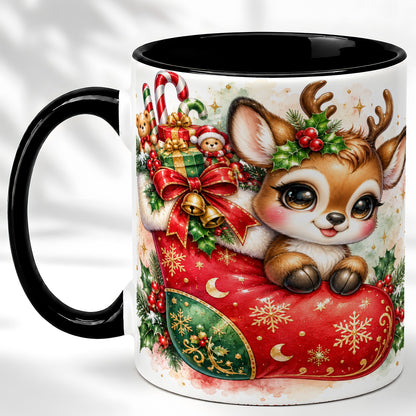 #pl[11oz|Black] Christmas Reindeer Coffee Mug, Watercolor Deer Mug, Ceramic Cup