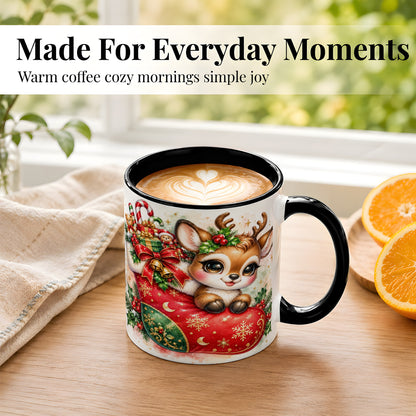 #pl[11oz|Black] Christmas Reindeer Coffee Mug, Watercolor Deer Mug, Ceramic Cup