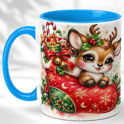#pl[11oz|Blue] Christmas Reindeer Coffee Mug, Watercolor Deer Mug, Ceramic Cup