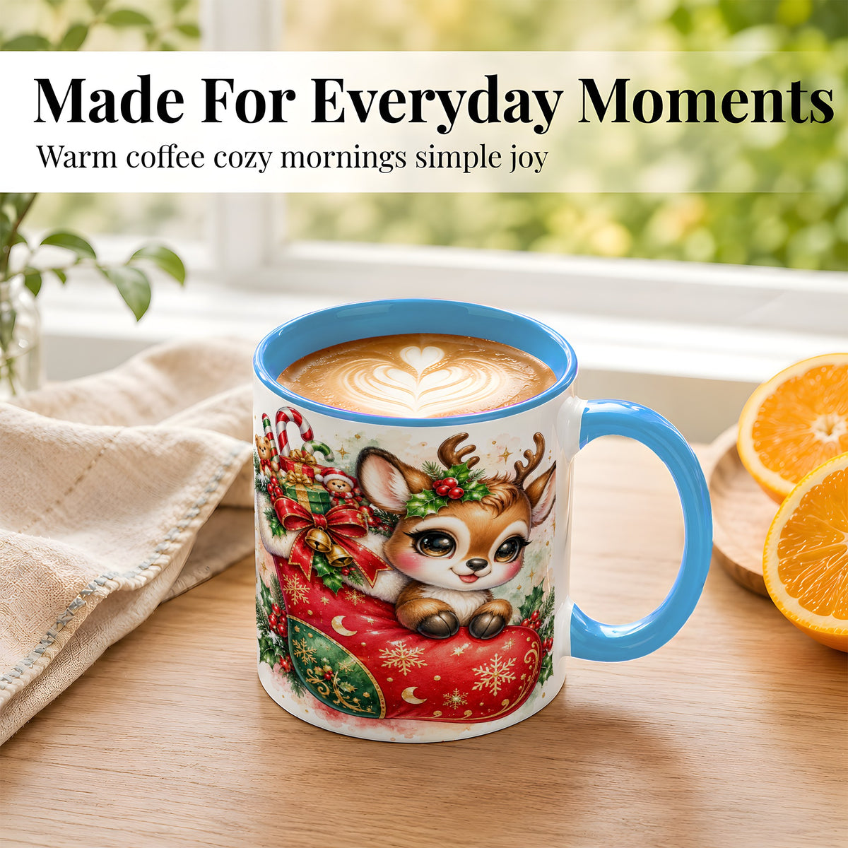 #pl[11oz|Blue] Christmas Reindeer Coffee Mug, Watercolor Deer Mug, Ceramic Cup