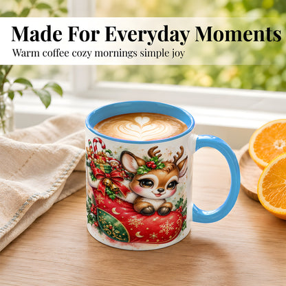 #pl[11oz|Blue] Christmas Reindeer Coffee Mug, Watercolor Deer Mug, Ceramic Cup