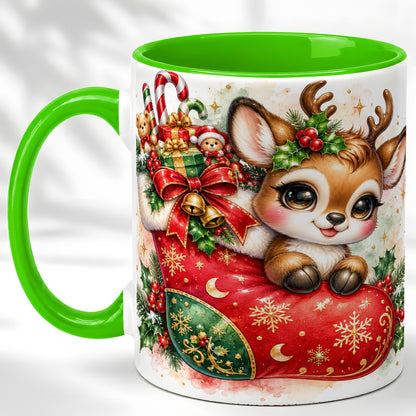 #pl[11oz|Green] Christmas Reindeer Coffee Mug, Watercolor Deer Mug, Ceramic Cup