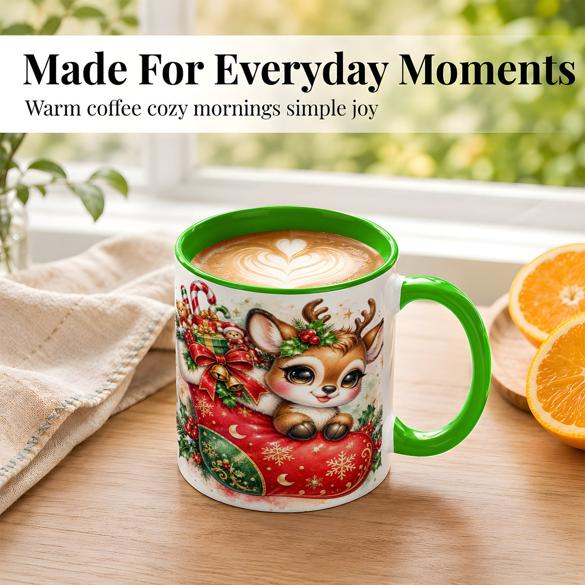 #pl[11oz|Green] Christmas Reindeer Coffee Mug, Watercolor Deer Mug, Ceramic Cup