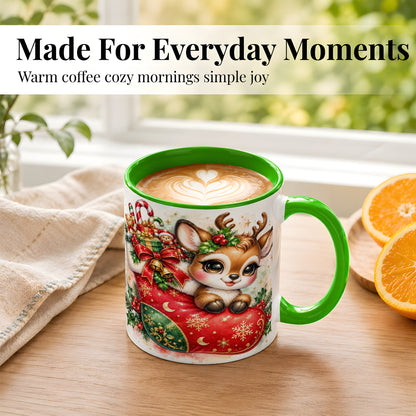 #pl[11oz|Green] Christmas Reindeer Coffee Mug, Watercolor Deer Mug, Ceramic Cup