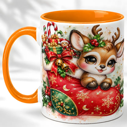 #pl[11oz|Orange] Christmas Reindeer Coffee Mug, Watercolor Deer Mug, Ceramic Cup