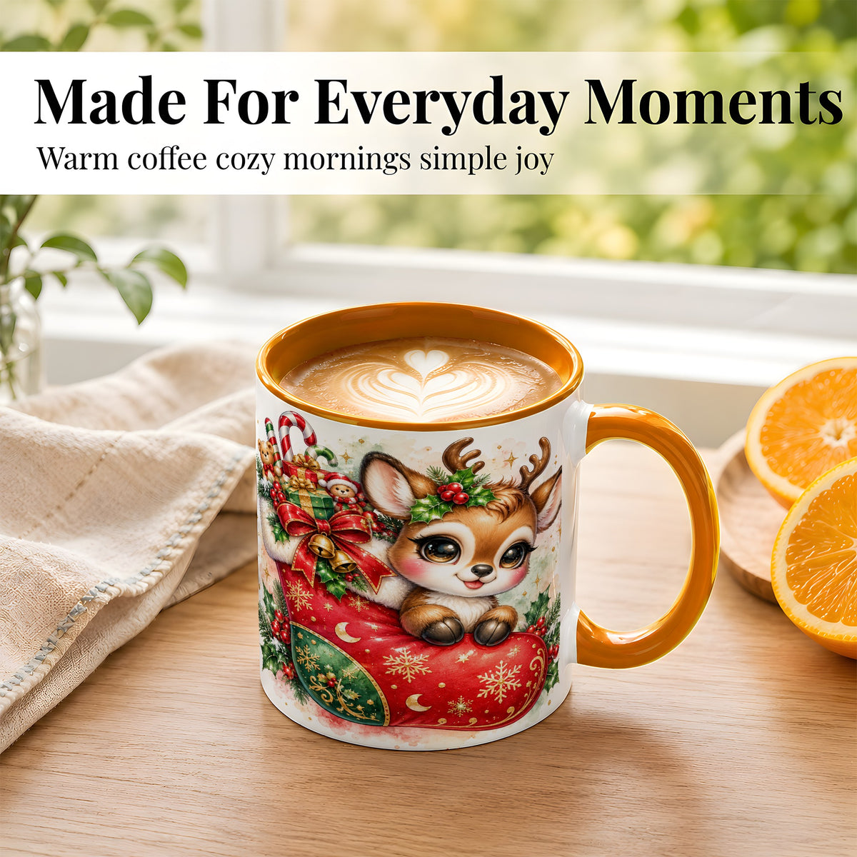 #pl[11oz|Orange] Christmas Reindeer Coffee Mug, Watercolor Deer Mug, Ceramic Cup