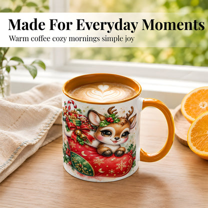 #pl[11oz|Orange] Christmas Reindeer Coffee Mug, Watercolor Deer Mug, Ceramic Cup