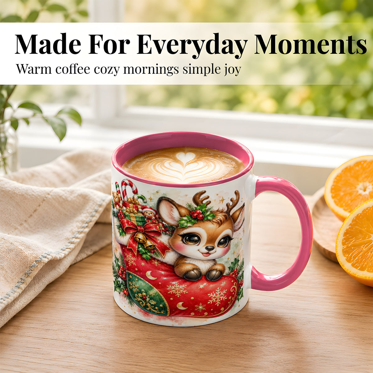 #pl[11oz|Pink] Christmas Reindeer Coffee Mug, Watercolor Deer Mug, Ceramic Cup