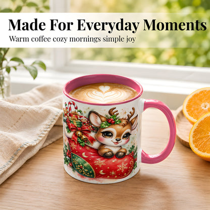 #pl[11oz|Pink] Christmas Reindeer Coffee Mug, Watercolor Deer Mug, Ceramic Cup