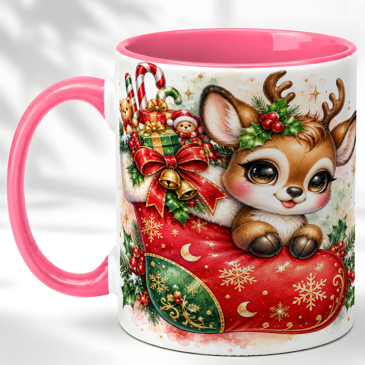 #pl[11oz|Pink] Christmas Reindeer Coffee Mug, Watercolor Deer Mug, Ceramic Cup