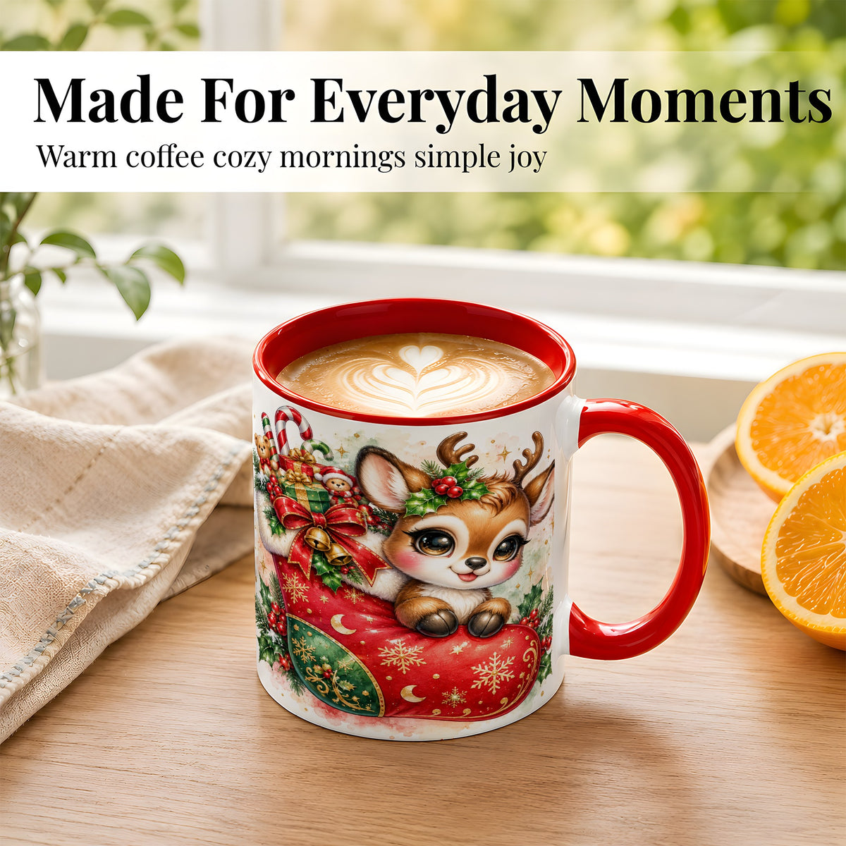 #pl[11oz|Red] Christmas Reindeer Coffee Mug, Watercolor Deer Mug, Ceramic Cup