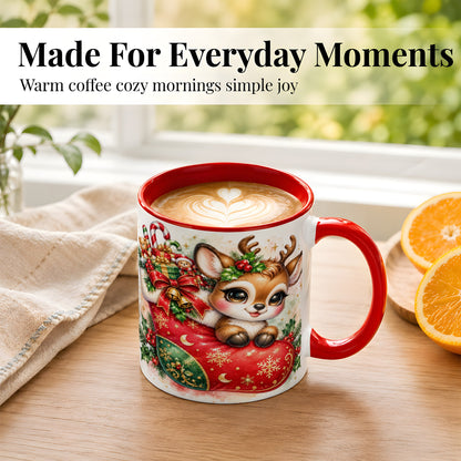 #pl[11oz|Red] Christmas Reindeer Coffee Mug, Watercolor Deer Mug, Ceramic Cup