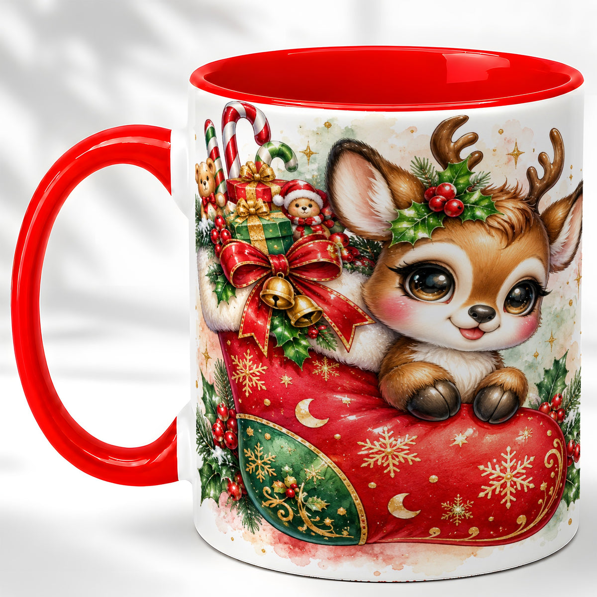 Christmas Reindeer Coffee Mug, Watercolor Deer Mug, Ceramic Cup