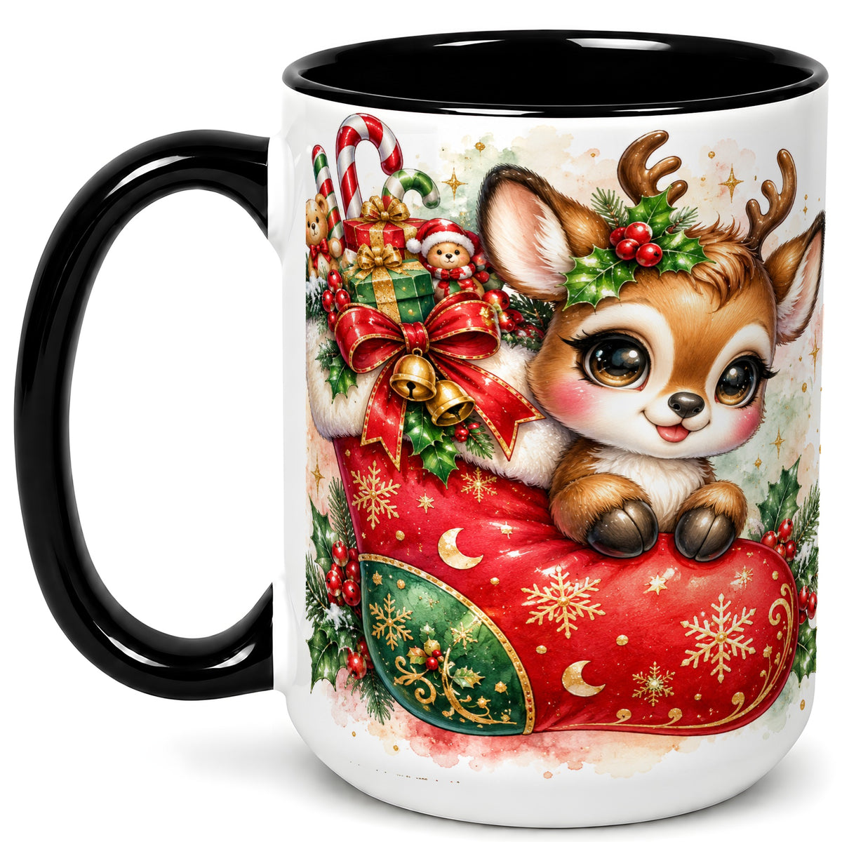 #pl[15oz|Black] Christmas Reindeer Coffee Mug, Watercolor Deer Mug, Ceramic Cup