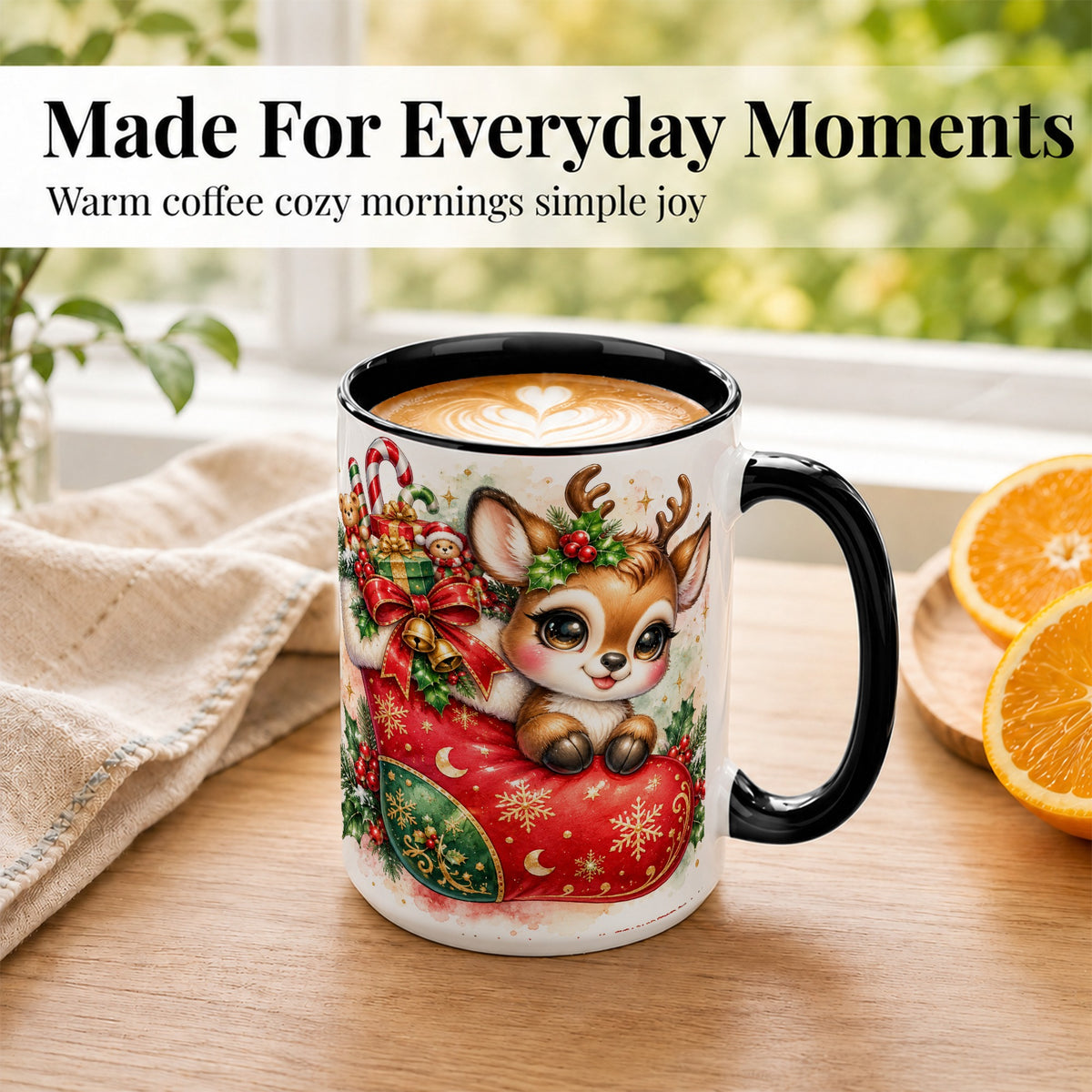 #pl[15oz|Black] Christmas Reindeer Coffee Mug, Watercolor Deer Mug, Ceramic Cup