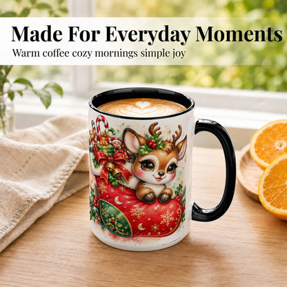 #pl[15oz|Black] Christmas Reindeer Coffee Mug, Watercolor Deer Mug, Ceramic Cup