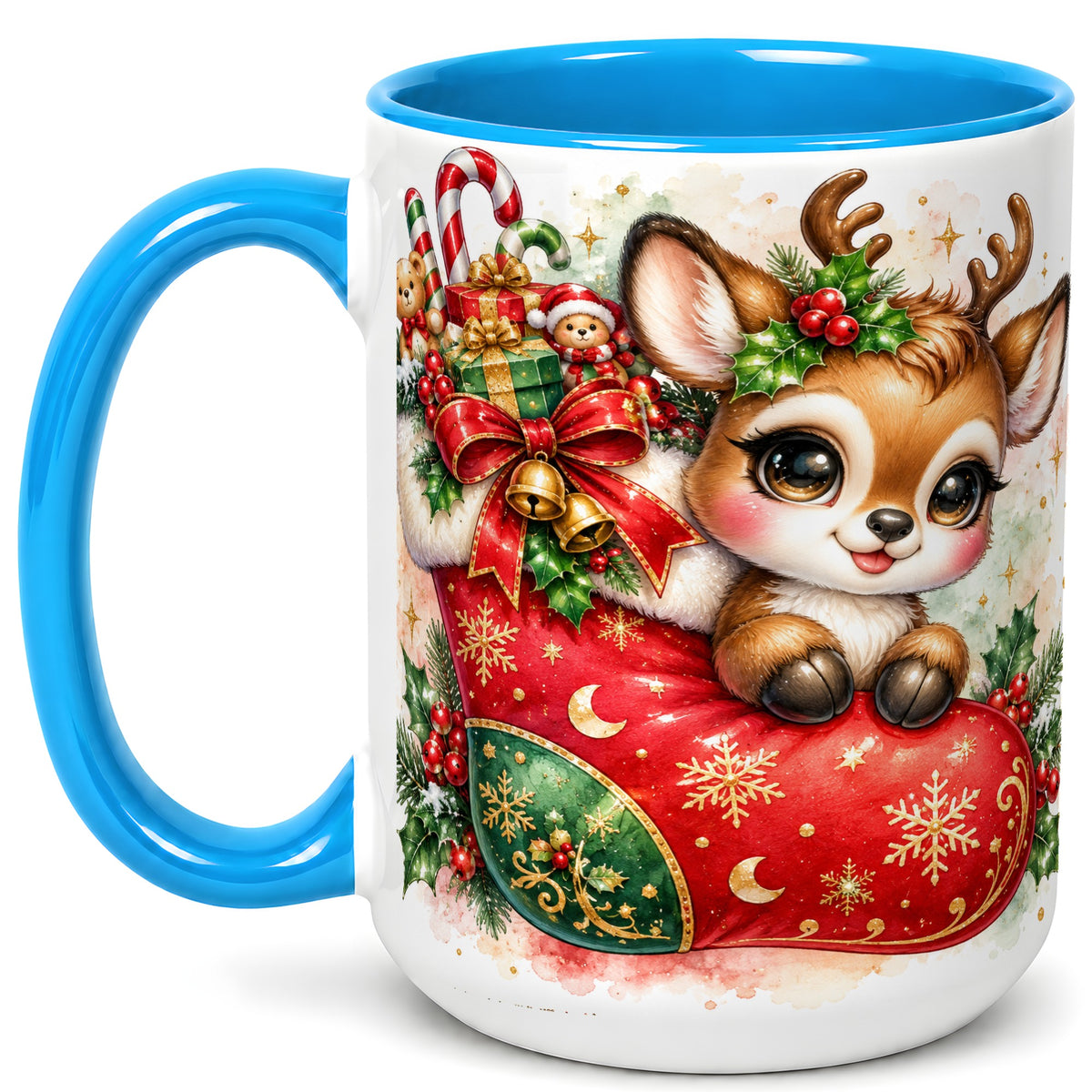 #pl[15oz|Blue] Christmas Reindeer Coffee Mug, Watercolor Deer Mug, Ceramic Cup